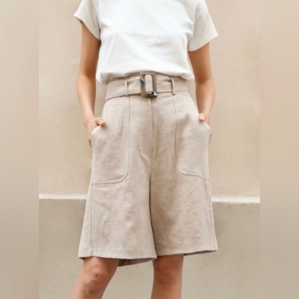 The Frankie Shop Beige High-Waist Linen Blend Shorts with Belt